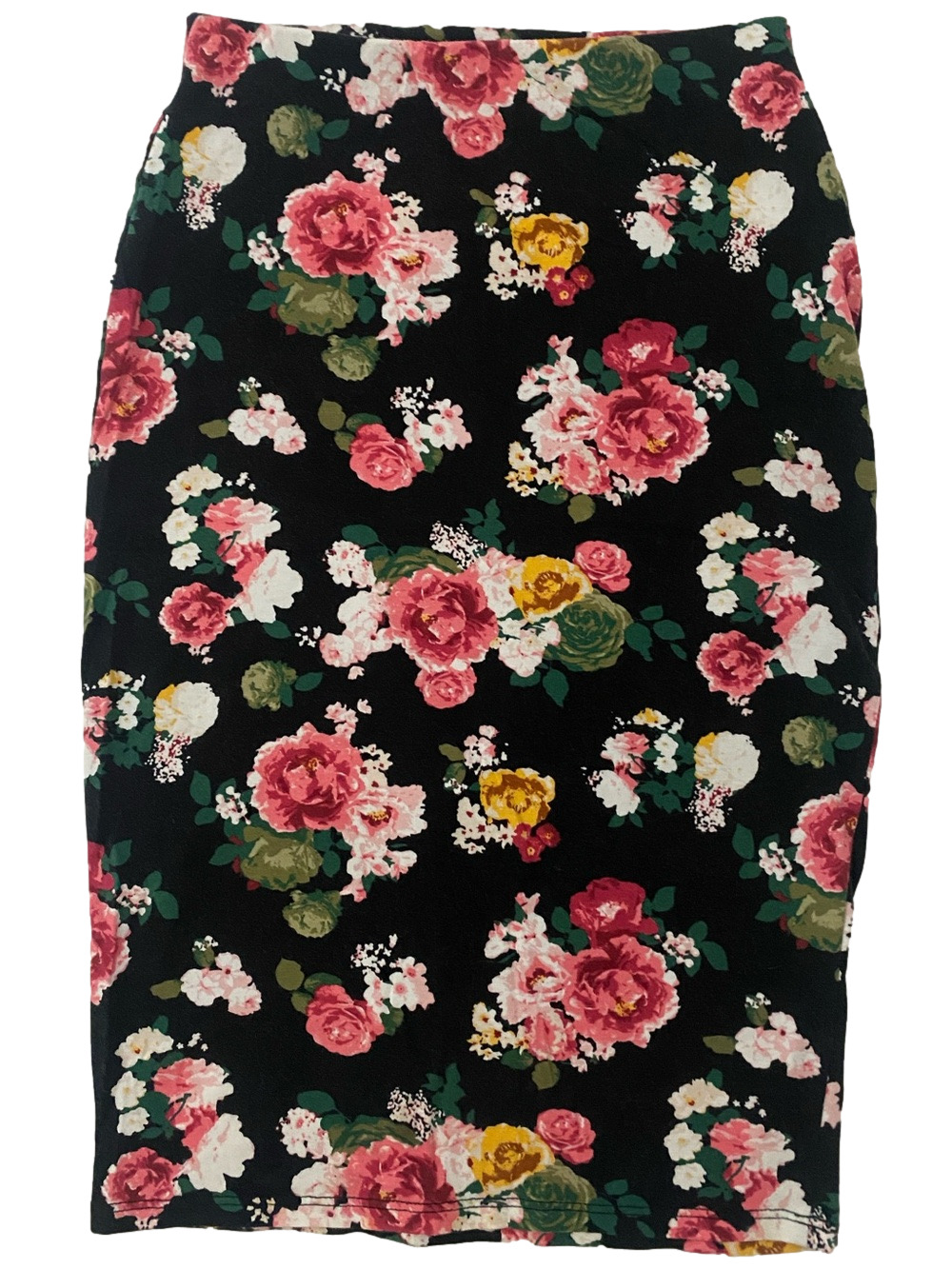 DNA couture Black Pencil Skirt with Pink & Yellow Rose Print